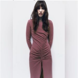 Zara Mauve Long-Sleeve Ruched Dress